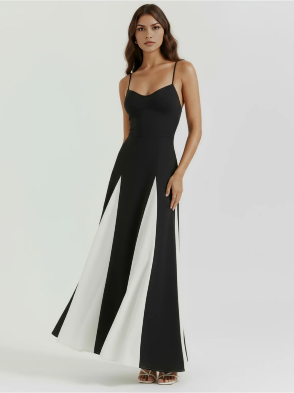 ALMOND MUSE PORTOFINO Sleek Black & White Panel Maxi Dress with Spaghetti Straps